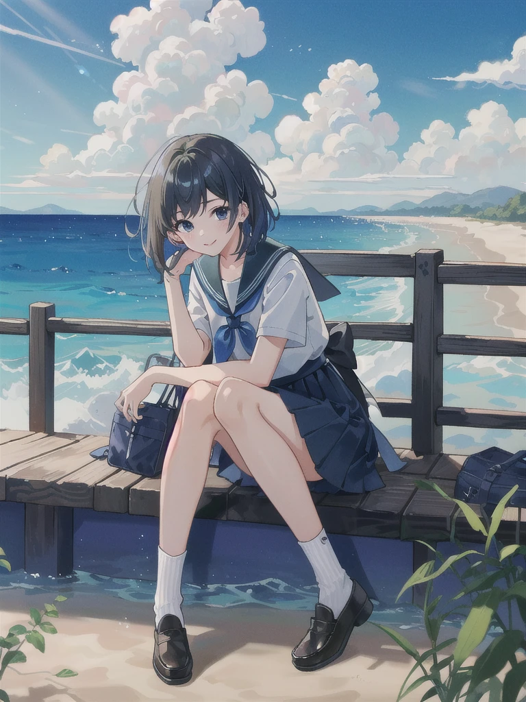 ((最high quality, 8K, masterpiece: 1.3, Ultra HD, high quality, 最high quality, High resolution, realism)) 、Very beautiful 18 year old Japanese schoolgirl、I'm wearing a sailor suit、Wearing a navy blue pleated skirt、Wear loafers、Hair  is light brown、black eye、Medium Hair、Straight hair、smile、sit on a high breakwater on the beach、The blue sky is beautiful、There is a road in front of the breakwater..、The sea is beautiful、Beautiful horizon、 An island is visible offshore、Entering the clouds above the horizon、Island Lighthouse