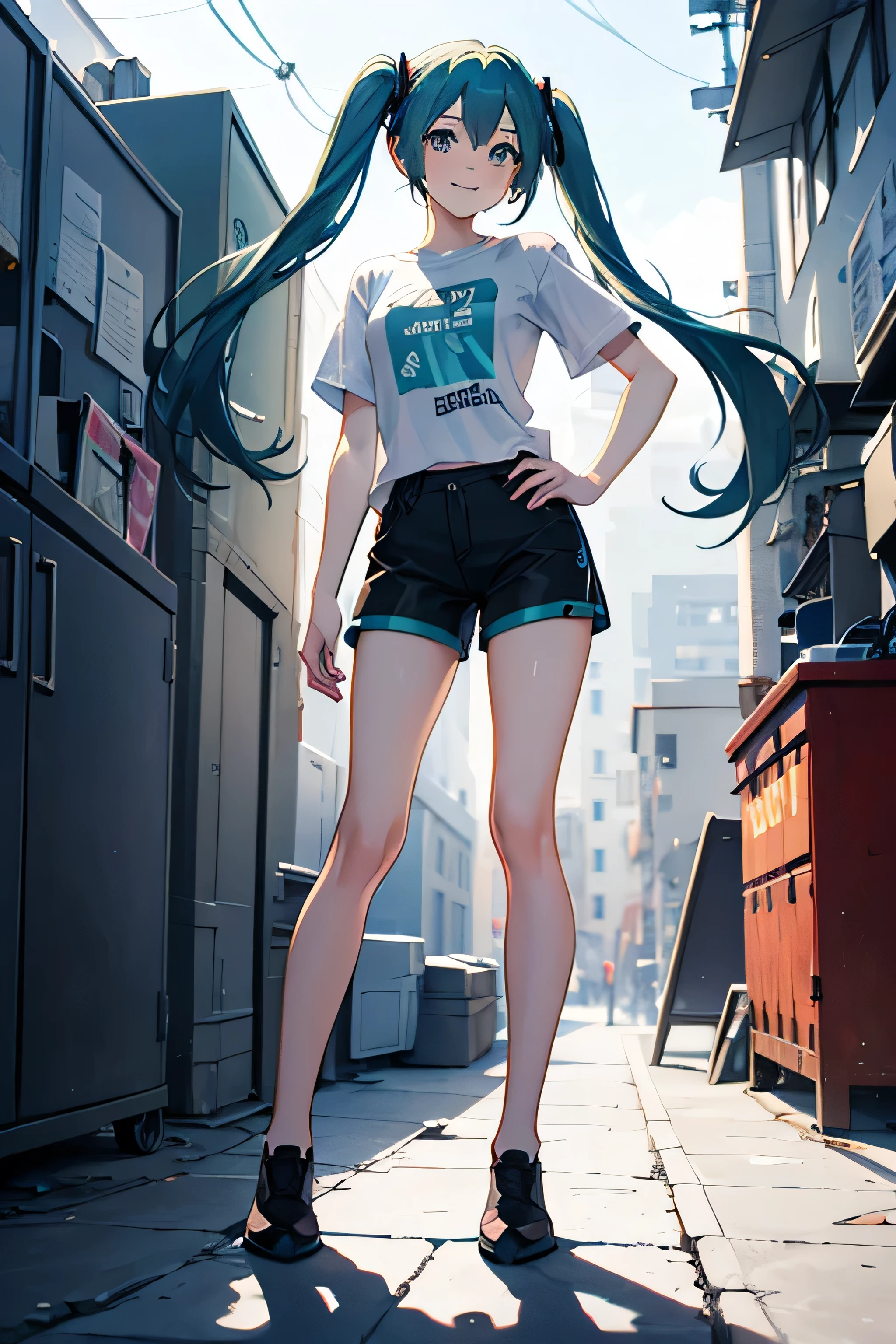 best quality, masterpiece, high resolution, solitary, (Hatsune_future_Blue File:1.10), 1 girl, t-shirt，shorts，black，Looking at the audience, Heart, blush, Smile, Residence, Print 14 ，full-body shot