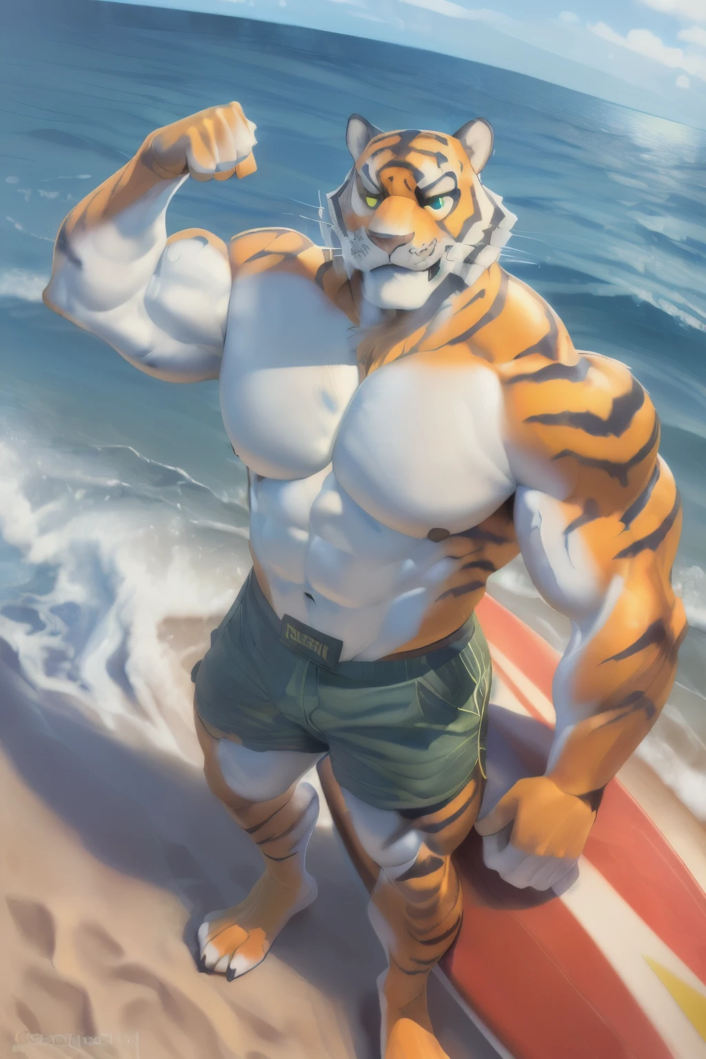  ((( ocar at a beach surf on a surfboard in the ocean on a wave wearing just)), (( green shorts)), shirtless, (por Homogeneousrule, por Wildering, por Foxovh, por Catcouch), 4k,(by totesfleisch8 and  For the, 
(( posing on a surfboard that is being used in the ocean that he is on at the beach )),sharp look, hentai , the second, small pile, surf , looking at the viewer,muscular, the beach is in the background, oscar surf , extremely detailed, 3D rendering, High quality digital art, Huge thighs , detailed eyes, ,hentai, good anatomy, good perspective on the beach , in front of the viewer, By bebebebebe, by sickhypnos, por gerkk, By ORF, (  by beautifulsexyrobutts, by darkgem, por zackary911, , (  by singaFor theian, Por DaftPatriot, bold, beautiful, detailed face, elegant , seductive face,  face, detailed mouth,  For the, hentai style, leo alvarez, only, (posing:1.3), (soft shading), 4k, anything, detailed hands, ((detailed face, (detailed eyes:1.0), detailed)), por zackary911, by zaush, (by personals:0.5), looking at the viewer,  image, belly button, nipples, full body, one person focus, thick thighs,  hentai, day, sexy, sensual, detailed, uploaded to e621, beautiful and detailed male image of an the secondpomorphic tiger ,(high resolution,:1.2), Smiling happy extremely detailed, photorealistic, 3D rendering , High quality digital art,hentai artstyle, oscar surf on a surfboard, body,  For the, in the ocean  on a surfboard in the ocean with the beach in the background wearing green shorts, Huge, ((oscar)), green shorts, wide pectorals, venous muscles, Huge muscles, flexing, smile 