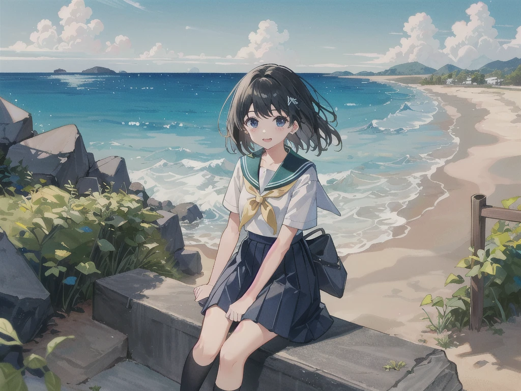((最high quality, 8K, masterpiece: 1.3, Ultra HD, high quality, 最high quality, High resolution, realism)) 、Very beautiful 18 year old Japanese schoolgirl、I'm wearing a sailor suit、Wearing a navy blue pleated skirt、Wear loafers、Hair is light brown、black eye、Medium Hair、Straight hair、smile、sit on a high breakwater on the beach、The blue sky is beautiful、There is a road in front of the breakwater..、The sea is beautiful、Beautiful horizon、 An island is visible offshore、Entering the clouds above the horizon、Island Lighthouse