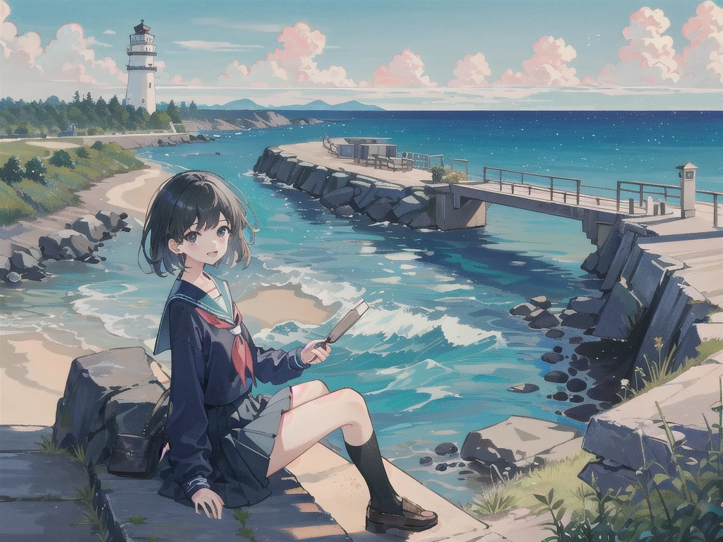 ((最high quality, 8K, masterpiece: 1.3, Ultra HD, high quality, 最high quality, High resolution, realism)) 、Very beautiful 18 year old Japanese girl、I'm wearing a sailor suit、Wearing a navy blue pleated skirt、Wear loafers、Hair is light brown、black eye、Medium Hair、Straight hair、smile、sit on a high breakwater on the beach、The blue sky is beautiful、There is a road in front of the breakwater..、The sea is beautiful、Beautiful horizon、 An island is visible offshore、Entering the clouds above the horizon、Island Lighthouse