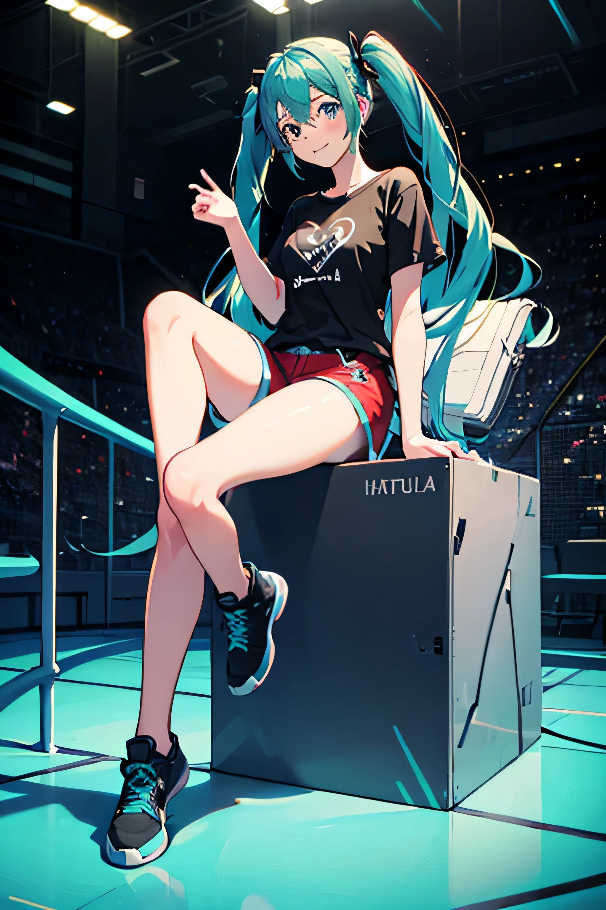 best quality, masterpiece, high resolution, solitary, (Hatsune_future_Blue File:1.10), 1 girl, t-shirt，shorts，black，Looking at the audience, Heart, blush, Smile, Residence, Print 14 ，full-body shot