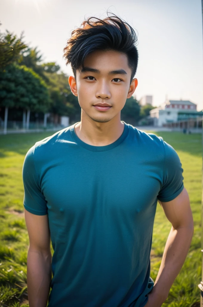 A handsome, muscular young Asian man looks at the camera. In a simple blue t-shirt , Fieldside, grass, beach, sunlight