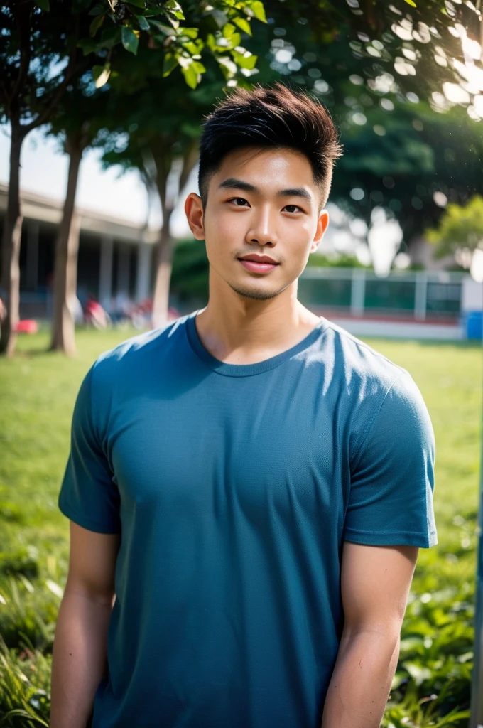 A handsome, muscular young Asian man looks at the camera. In a simple blue t-shirt , Fieldside, grass, beach, sunlight