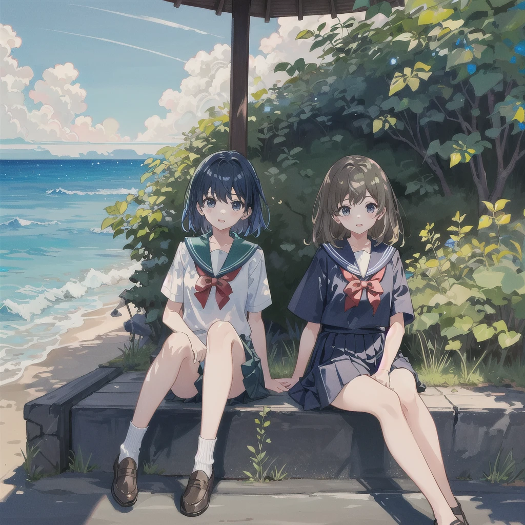((最high quality, 8K, masterpiece: 1.3, Ultra HD, high quality, 最high quality, High resolution, realism)) 、Very beautiful 18 year old Japanese schoolgirl、I'm wearing a sailor suit、Wearing a navy blue pleated skirt、Wear loafers、Hair  is light brown、black eye、Medium Hair、Straight hair、smile、sit on a high breakwater on the beach、The blue sky is beautiful、There is a road in front of the breakwater..、The sea is beautiful、Beautiful horizon、 An island is visible offshore、Entering the clouds above the horizon、Island Lighthouse
