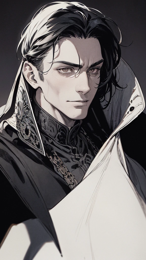 Best quality, (background_detail), high_contrast, detail_original_illustration, warrior, muscular, villain face, armored, full_body, medieval, crease between eyes, young man, man in 20s, dark_stitch_landscape, (dramatic_lighting:1. 25), (shaded_background:1.2), black_hair, (short black hair:) 1.1 ), Large figure, Delicate face, Evil smile, Sharp eyes, Black background, (Black background:1.5), Beautiful line drawing, Black and white