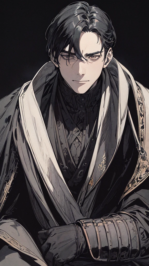 Best quality, (background_detail), high_contrast, detail_original_illustration, warrior, muscular, villain face, armored, full_body, medieval, crease between eyes, young man, man in 20s, dark_stitch_landscape, (dramatic_lighting:1. 25), (shaded_background:1.2), black_hair, (short black hair:) 1.1 ), Large figure, Delicate face, Evil smile, Sharp eyes, Black background, (Black background:1.5), Beautiful line drawing, Black and white