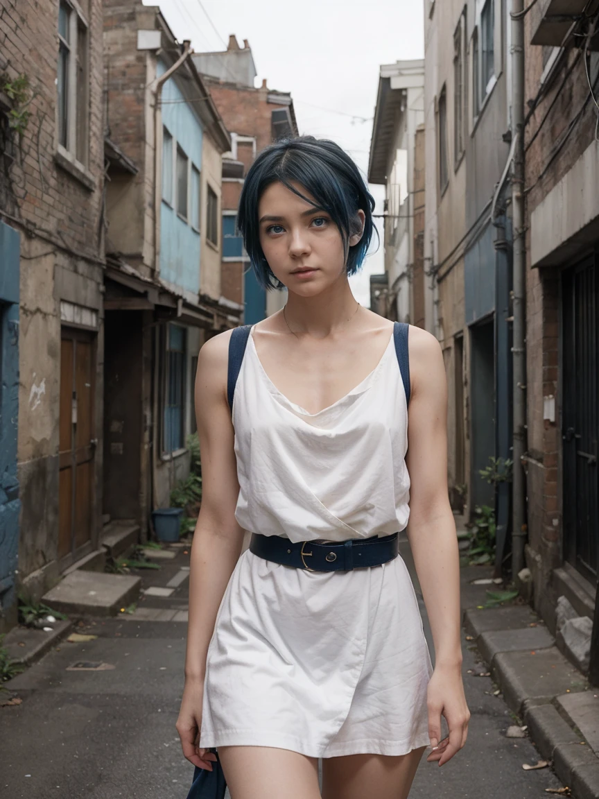 A young anime girl with short blue hair and blue eyes stands in an urban alleyway. She is wearing a white sleeveless dress that has a belt at the waist, and she has a large red scarf wrapped around her neck. The girl has a pensive and somewhat melancholic expression on her face. The alleyway is narrow and slightly run-down, with some debris and vegetation visible on the ground. The scene is lit by sunlight, casting shadows and creating a realistic atmosphere. The background includes some buildings and a few power lines, enhancing the urban setting