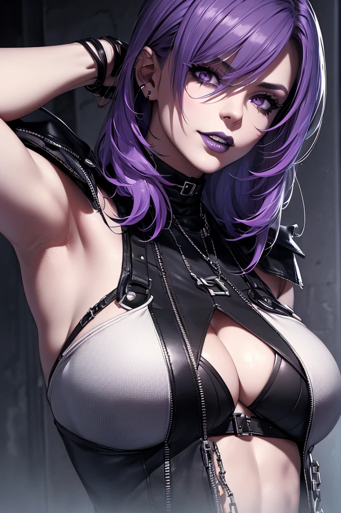 a punk girl, student, hooligan, short messy white hair, purple eyes, black punk clothes, punk, chains, black sleeveless top, baggy black pants, sadistic smile, aggressive, dark purple lipstick, thug, (best quality,4k,8k,highres,masterpiece:1.2),ultra-detailed,(realistic,photorealistic,photo-realistic:1.37),cinematic lighting,dramatic shadows,gothic,dark fantasy,moody,dramatic, leather jacket hanging from the shoulders pumped up muscles