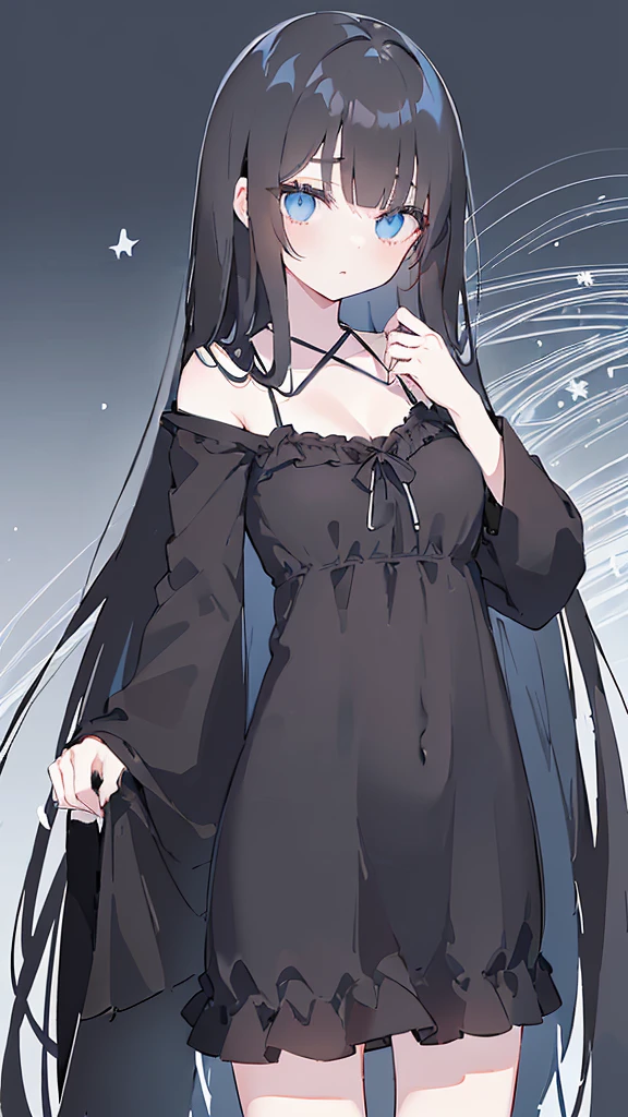 (((Beautiful long straight black hair))),black hair,only,(((Eyes visible from 空气Bangs:1.3))),,Large Breasts,(blue eyes),,(Blue Slant Eyes),1 Girl,Bangs,Long black hair, (Black gray background) (Paired with a pure white dress, Spaghetti straps, Flat mouth), ((Don&#39;t wear pants，Because the bottom fabric of the dress is long from the sides to mid-thigh)) The thigh curve is clearly visible, ((Long and straight hair)),((Right hand on chest, Left hand lowered fingers.