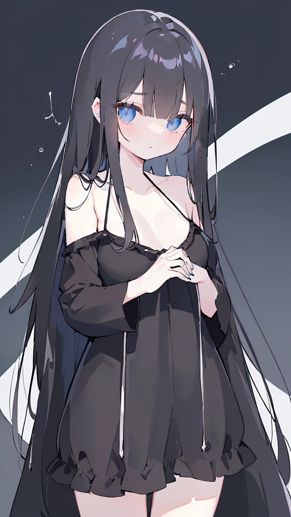 (((Beautiful long straight black hair))),black hair,only,(((Eyes visible from 空气Bangs:1.3))),,Large Breasts,(blue eyes),,(Blue Slant Eyes),1 Girl,Bangs,Long black hair, (Black gray background) (Paired with a pure white dress, Spaghetti straps, Flat mouth), ((Don't wear pants,Because the bottom fabric of the dress is long from the sides to mid-thigh)) The thigh curve is clearly visible, ((Long and straight hair)),((Right hand on chest, Left hand lowered fingers.