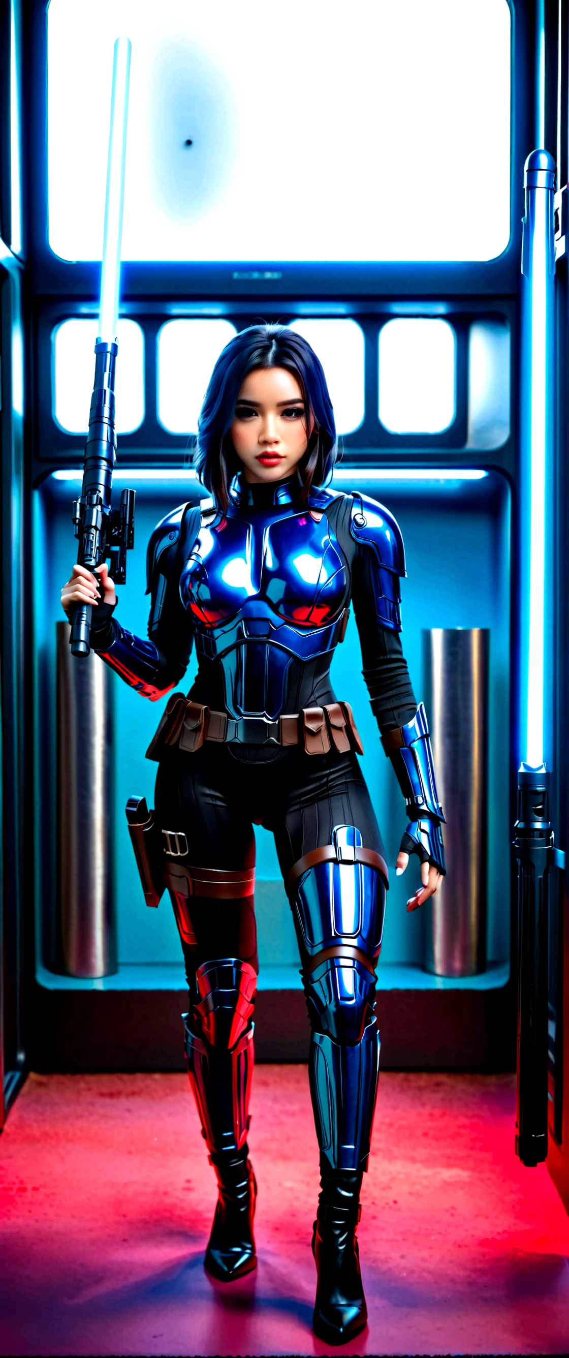 A cute woman (sci fi outfit, tight fitting body armor, wielding a blue light saber) behind her is a rack with various weapons and costume pieces