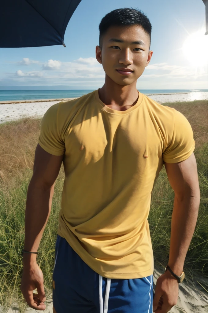 A handsome, muscular young Asian man looks at the camera. In a plain yellow t-shirt , Fieldside, grass, beach, sunlight