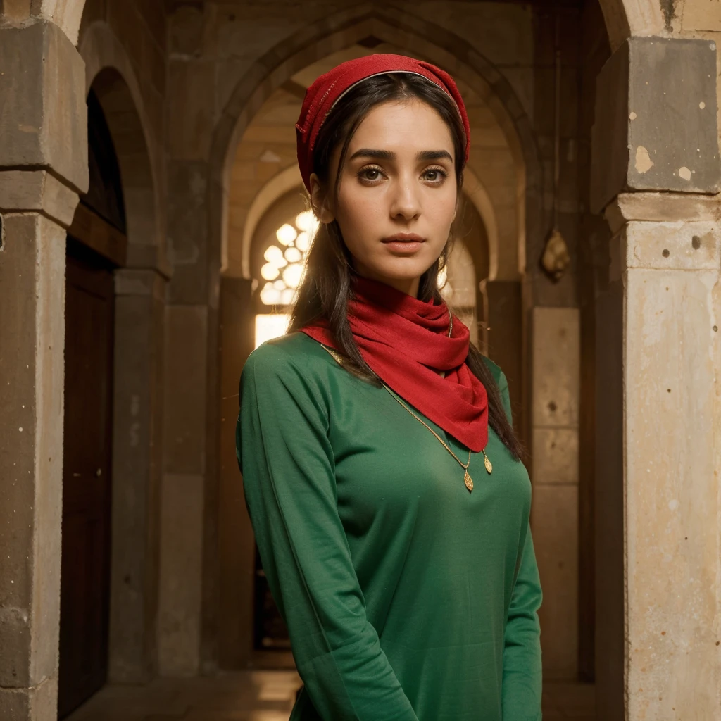 Work portrait photo, close portrait, face in front, 1girl, Very thin skinny tall pretty skinny lebanese jennifer connelly, 23 years old, skinny, tall, bust-level portrait photo, red and green foulard on head. Islamic art background, standing right in front,
