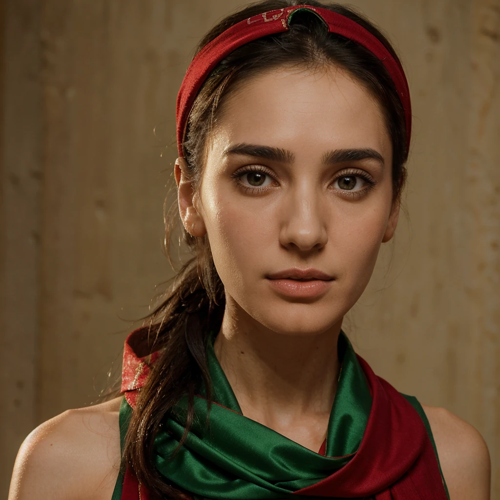 Work portrait photo, close portrait, face in front, 1girl, Very thin skinny tall pretty skinny lebanese jennifer connelly, 23 years old, skinny, tall, bust-level portrait photo, red and green foulard on head. Islamic art background, standing right in front,