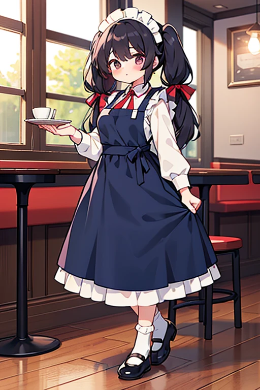 One adult woman,hair_Navy Blue,Twin tails,big tail,Cafe Waitress,apron_red,Classic Maid,Clothes_red,gentleman_long,eye_pink,socks_white,pumps_black,clear,Elegant,red面