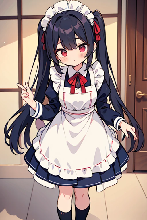 One adult woman,hair_Navy Blue,Twin tails,big tail,Cafe Waitress,apron_red,Classic Maid,Clothes_red,gentleman_long,eye_pink,socks_white,pumps_black,clear,Elegant,red面