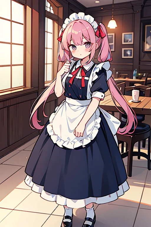 One adult woman,hair_Navy Blue,Twin tails,big tail,Cafe Waitress,apron_red,Classic Maid,Clothes_red,gentleman_long,eye_pink,socks_white,pumps_black,clear,Elegant,red面