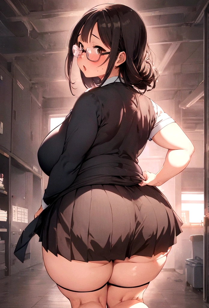 Anime-style image of a woman wearing a short skirt and glasses, hyperRealistic , a hyperRealistic , chic, Realistic , , Gwaiz, artwork in the style of Gwaiz, (SFW) Safe at Work, [ 4k digital art ]!!, Short full body portrait!,(masterpiece), (One serious civil service commissioner: 1.3), (Super thick and plump body: 1.3), (Huge breasts and buttocks)), (Small Head: 1.2), (Very small uniform)), (Shiny skin: 1.2), (A speech while crouching in the stands in the schoolyard in the morning)), {fat},1boy, penis, doggystyle, from behind, spreadassms, chubby body, fat body, short,ultra detailed, masterpiece, best quality, blush, a woman, rolling eyes, open mouth, school girl, wearing , wearing glasses, classroom, sunset, light particles, hdr, brown grey hair, midium wavy hair, shiny hair, bang, single braid, clear grey eyes, Smiling Kiss, Tongue Out, アニメ ,orgasm face, sexual climax, bitch, back shot, back view, low angle, from below, back view, arched back, looking back, all fours, chubby body, BIG ASS , saliva, BBW, slender waist, anal, seiza, hands on head,white eyes, Hand Drawn, Showing Ass, Bobcut, Knee socks, (Super thick and plump body: 1.3), Butt sticking out, Close your legs, seiza, spread legs, pleated skirt, Stretch your arms back, long pleated skirt, I can&#39;t see your butt, Buttocks hide, Arms folded behind back, Super big butt, Awesome numbness , Plump , Chubby, Butt sticking out,