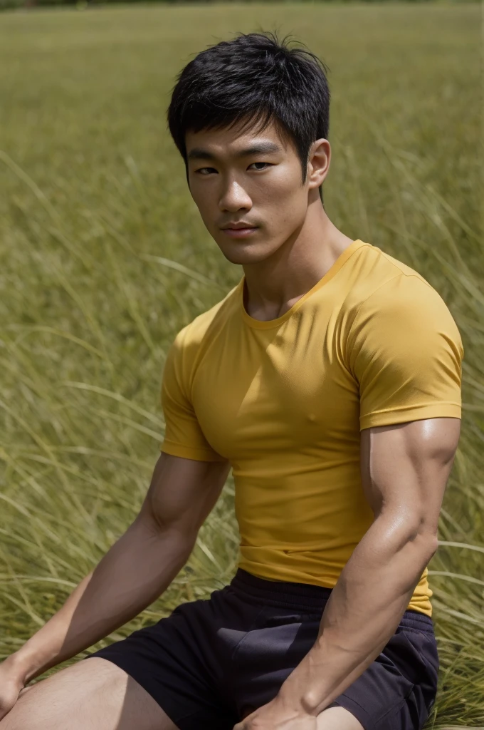 A handsome, muscular young Asian man looks at the camera. In a plain yellow t-shirt , Fieldside, grass, beach, sunlight