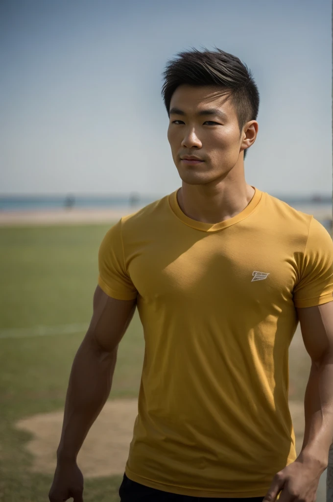 A handsome, muscular young Asian man looks at the camera. In a plain yellow t-shirt , Fieldside, grass, beach, sunlight