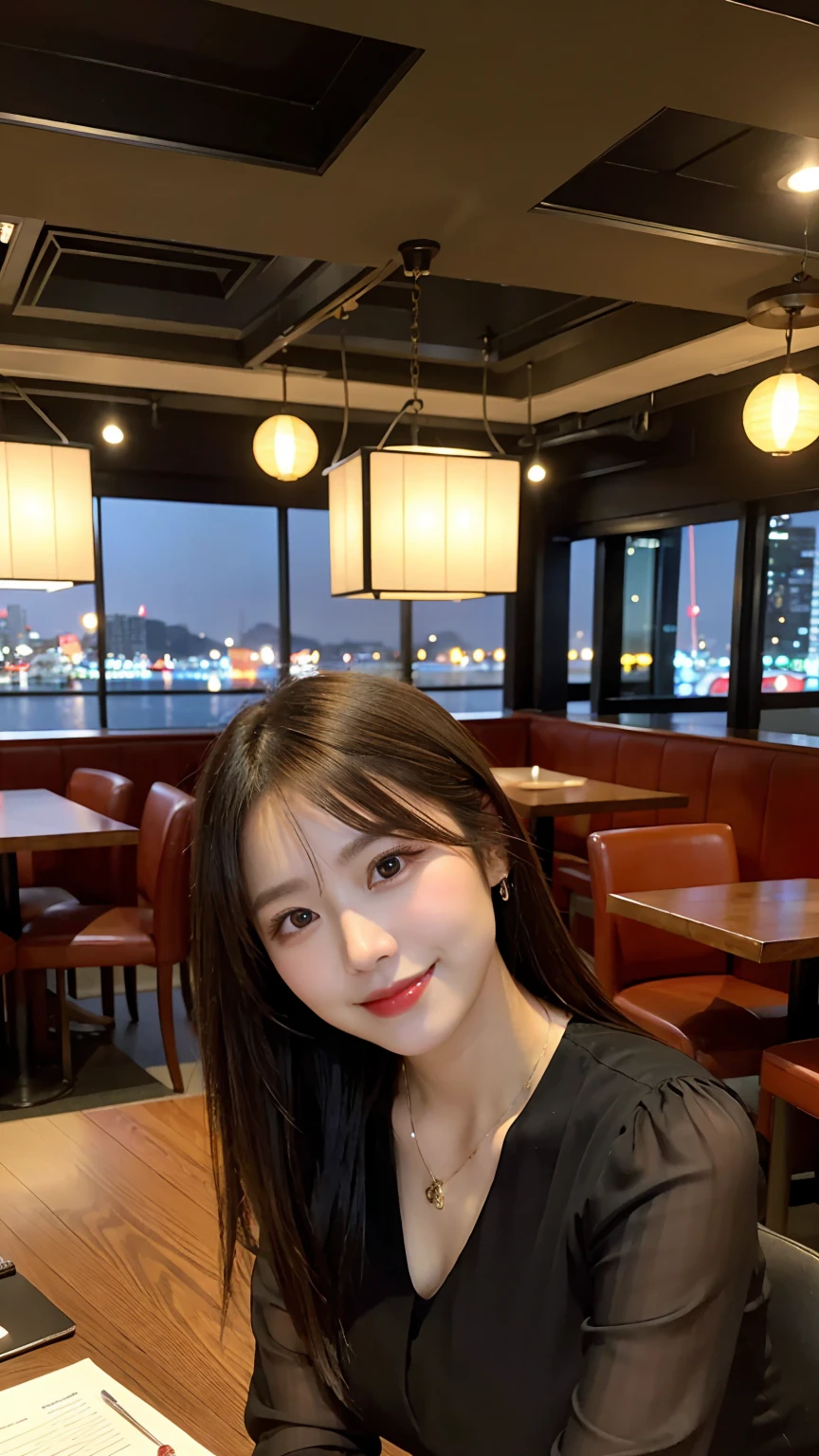 highest quality, masterpiece, 8K, ultra high resolution, (realistic: 1.4), beautiful face, symmetrical eyes, Japanese, 20 years old, brown hair, smile, wearing makeup, high-definition images, atmospheric perspective, super detail, accurate, best quality, (angle from under the table),  Japanese , (2 girls:1.7), drooping eyes, sleepy face, blush, in the city, busy, skyscrapers, skirt, high heels, necklace, black blouse , restaurant with large windows, takes a seat,  night scene, windows have harbor view, foods, romantic dinner 