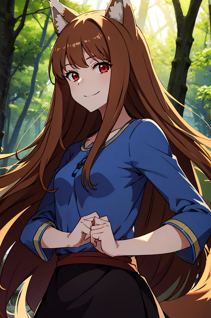 (masterpiece:1.3), (best quality:1.1), (8k, ultra detailed, ultra high res:1.2), ((anime style:)), (perfect 5 fingers:1.1), perfect anatomy, 
1girl, wolf girl, 
pastel color, colorful,
BREAK long hair, wolf ears, fuffy hair in the ears, 
brown hair, ((light smile)), 
BREAK red eyes, BREAK blue T-shirt, brown skirt, long skirt, small breasts,   
BREAK looking at viewer, 
(upper body:1.2), standing, outdoor, outside, (forest), sky, 