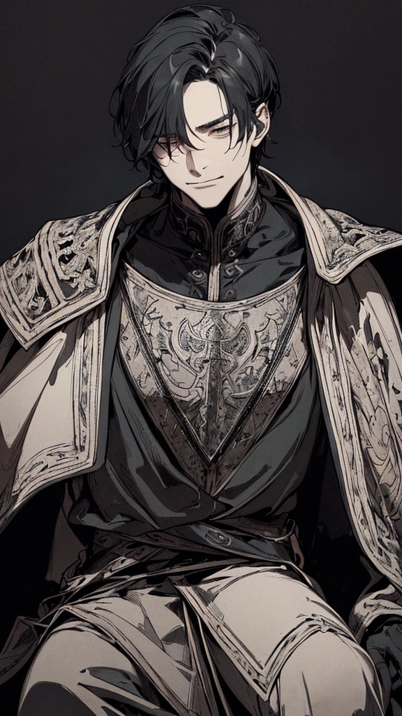 Best quality, (background_detail), high_contrast, detail_original_illustration, warrior, muscular, villain face, armored, full_body, medieval, crease between eyes, young man, man in 20s, dark_stitch_landscape, (dramatic_lighting:1. 25), (shaded_background:1.2), black_hair, (short black hair:) 1.1 ), Large figure, Delicate face, Evil smile, Sharp eyes, Black background, (Black background:1.5), Beautiful line drawing, Black and white