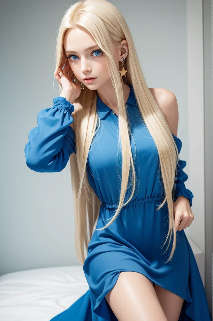 with long straight blonde hair and blue eyes with orange star earrings baby blue dress