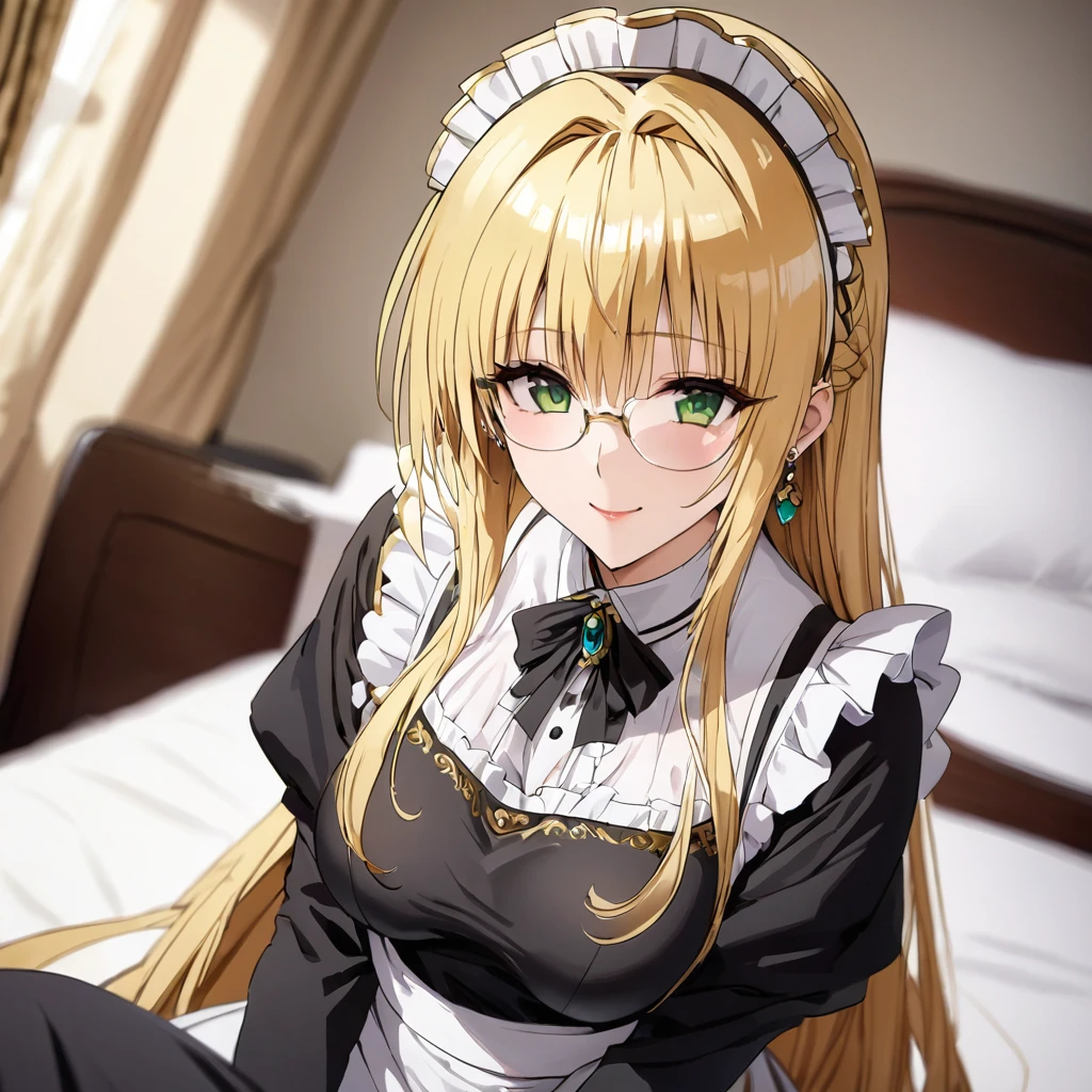 The luxurious and high-class Victorian maid outfit is evenly decorated with gorgeous gold embroidery and edging, and the blouse, apron, and headband also have gorgeous gold embroidery and edging.、((Highest quality)), ((masterpiece)), (detailed), （Perfect Face）、The woman is Tierre, with green eyes, medium-long blonde hair, a Victorian maid outfit and maid headband, jeweled earrings, and an engagement ring.、The woman is smiling fondly in a luxurious room、The Victorian maid uniform is a calm, old-fashioned type with long sleeves and a long skirt, decorated with luxurious gold embroidery and edging.