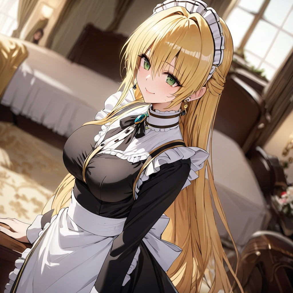 The luxurious and high-class Victorian maid outfit is evenly decorated with gorgeous gold embroidery and edging, and the blouse, apron, and headband also have gorgeous gold embroidery and edging.、((Highest quality)), ((masterpiece)), (detailed), （Perfect Face）、The woman is Tierre, with green eyes, medium-long blonde hair, a Victorian maid outfit and maid headband, jeweled earrings, and an engagement ring.、The woman is smiling fondly in a luxurious room、The Victorian maid uniform is a calm, old-fashioned type with long sleeves and a long skirt, decorated with luxurious gold embroidery and edging.