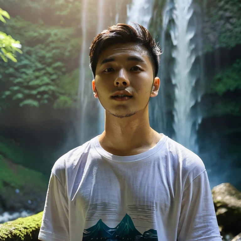 A young man who went to visit to waterfall