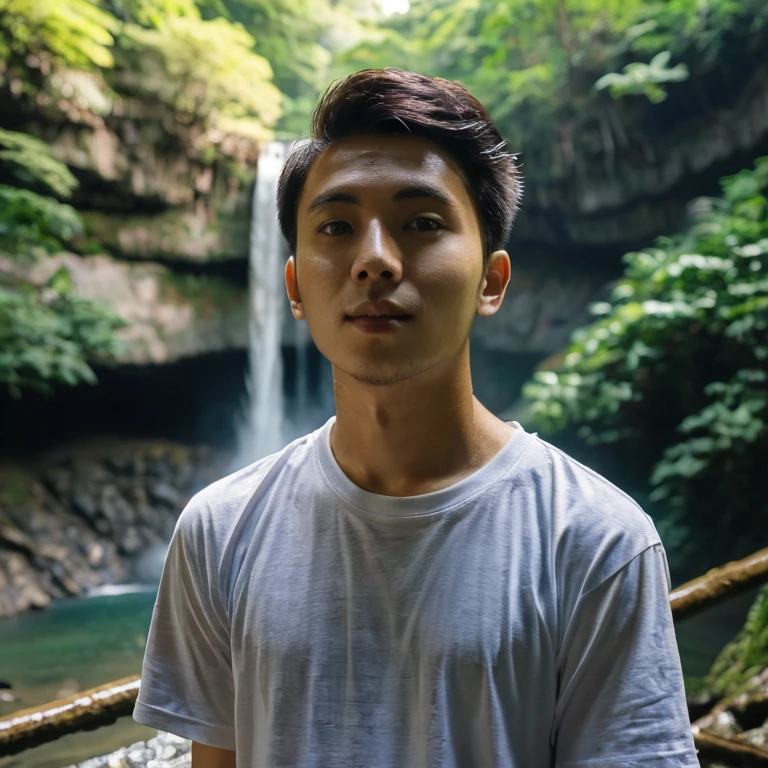 A young man who went to visit to waterfall