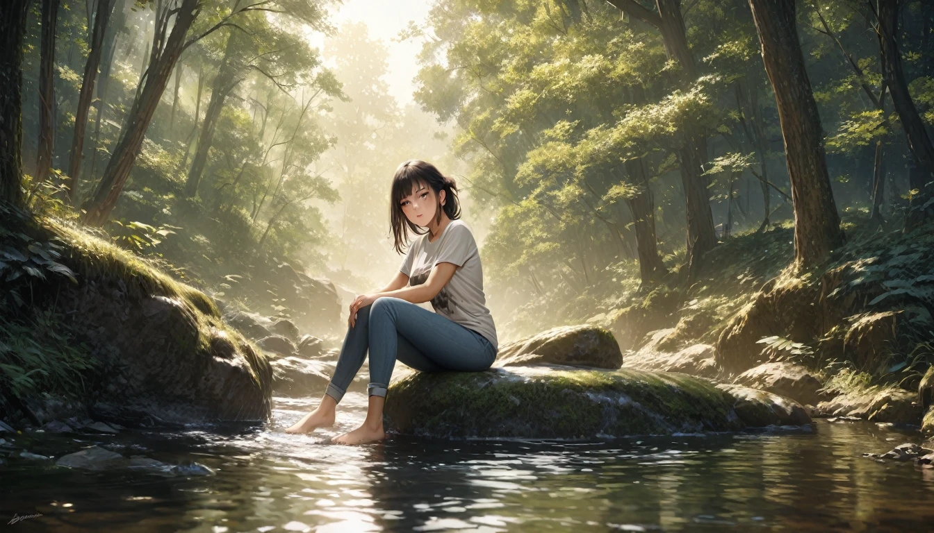 (Highest quality, masterpiece:1.2), Very detailed, Realistic:1.37, 8K, High resolution, Very detailed背景, Silhouette of a girl walking through a stream in a woodland, (Short sleeves and long pants、Jeans on a t-shirt), Forest Trees々々The sunlight shining through, Beautiful girl relaxing barefoot in a stream, Sitting on a rock, Beautiful scenery decorated with earth tones, A Hopeful Outlook, Expressions that evoke tender feelings in the viewer, 、Prioritize the view、Anime Face、(((The woman has a well-proportioned face)))　（Pulling up hair with one hand）