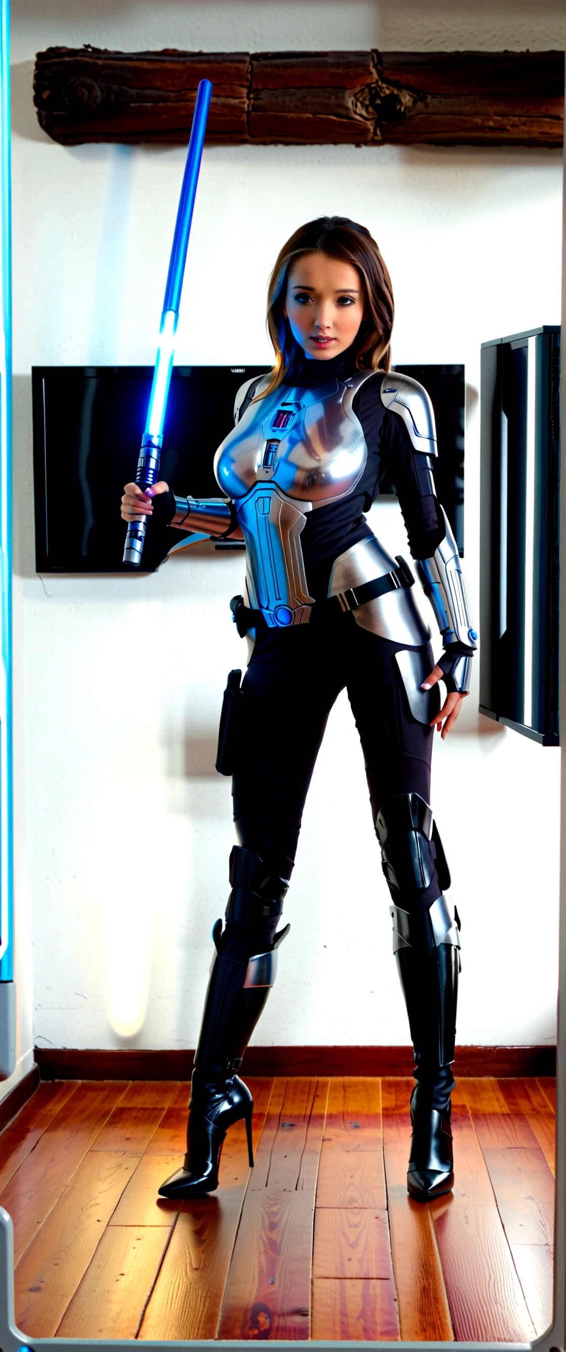 A cute woman (sci fi outfit, tight fitting body armor, wielding a blue light saber) behind her is a rack with various weapons and costume pieces