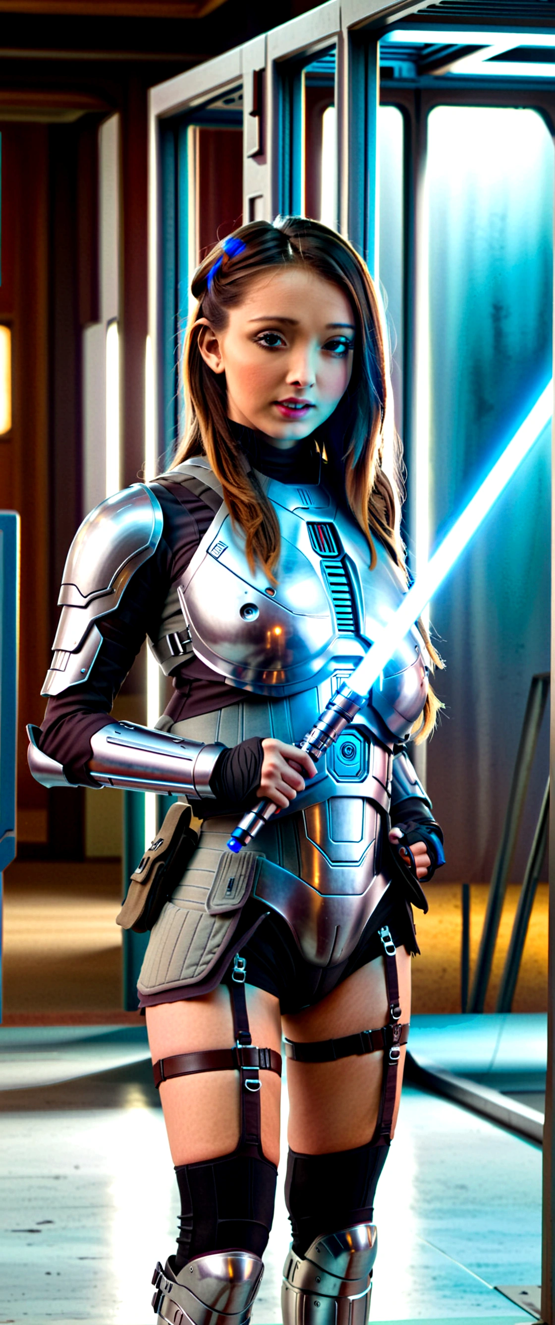 A cute woman (sci fi outfit, tight fitting body armor, wielding a blue light saber) behind her is a rack with various weapons and costume pieces