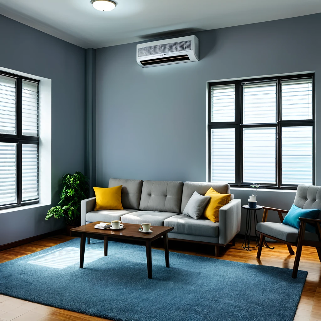 {
"prompt": "A room cooled by an air conditioner, with visible cool air flow coming from the unit. The room has a comfortable and refreshing atmosphere, with condensation on the windows indicating the cold temperature inside. Furniture includes a comfortable sofa, a coffe