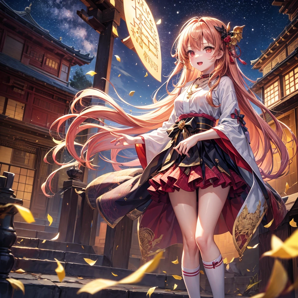 Pink, red, brown, gold, gold hair、Red gold eyes、Hair tied up、One good looking girl、solo、anime、Checkered mini skirt、Ruffles on the skirt、Checked dress、blouse、Kimono、Black knee-high socks、Ribbon、Ribbon on waist、Teeth are visible、Sparkly Necklace、From above、Cobblestones、waterfall、Starry Sky、Midnight Moon、suspension bridge、beam、Standing still、Transparent、Dragon flying、goddess、Edo、Confetti、Kicking、Ancient City、Arranging stones