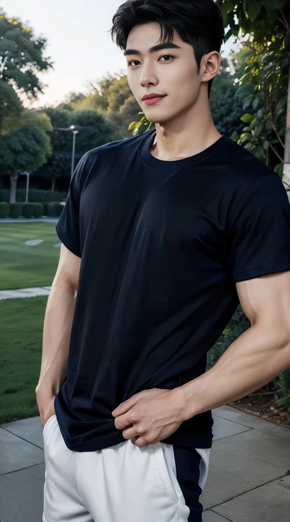 (As a matter of fact, Masterpiece, 8k HD, good light quality, sportswear, fit the face, complicated details), A handsome and muscular young Korean man., He has short, muscular hair in a buzzcut style. ,(Broad shoulders:1.3), 20 years old, be happy, smile brightly, detailed face, delicate eyes, มองดูsky, (Wear a navy tight T-shirt.:1.6), period, black eyes, Black hair color, ผมsmooth, smooth, outdoor sports, Along the garden, Sunny,sky,Surreal,Awesome details,Highest quality,real,(As a matter of fact, Masterpiece, 8k HD, good light quality, sportswear, fit the face, complicated details), A handsome and muscular young Korean man. มีกล้าม ,(Broad shoulders:1.3), 20 years old, be happy, smile brightly, detailed face, delicate eyes, มองดูsky, (Wear a navy tight T-shirt.:1.6), period, black eyes, Black hair color, ผมsmooth, smooth, outdoor sports, Along the garden, Sunny,sky,Surreal,Awesome details,Highest quality,real