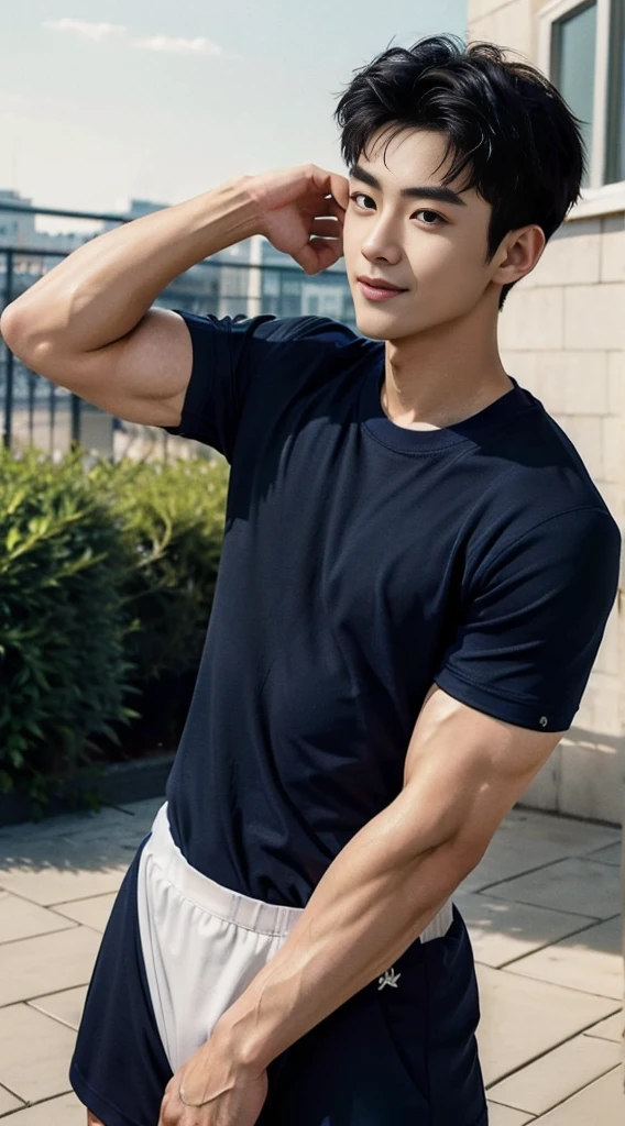 (As a matter of fact, Masterpiece, 8k HD, good light quality, sportswear, fit the face, complicated details), A handsome and muscular young Korean man., He has short, muscular hair in a buzzcut style.  ,(Broad shoulders:1.3), 20 years old, be happy, smile brightly, detailed face, delicate eyes, มองดูsky, (Wear a navy tight T-shirt.:1.6), period, black eyes, Black hair color, ผมsmooth, smooth, outdoor sports, Along the garden, Sunny,sky，Surreal，Awesome details，Highest quality，real，(As a matter of fact, Masterpiece, 8k HD, good light quality, sportswear, fit the face, complicated details), A handsome and muscular young Korean man. มีกล้าม ,(Broad shoulders:1.3), 20 years old, be happy, smile brightly, detailed face, delicate eyes, มองดูsky, (Wear a navy tight T-shirt.:1.6), period, black eyes, Black hair color, ผมsmooth, smooth, outdoor sports, Along the garden, Sunny,sky，Surreal，Awesome details，Highest quality，real