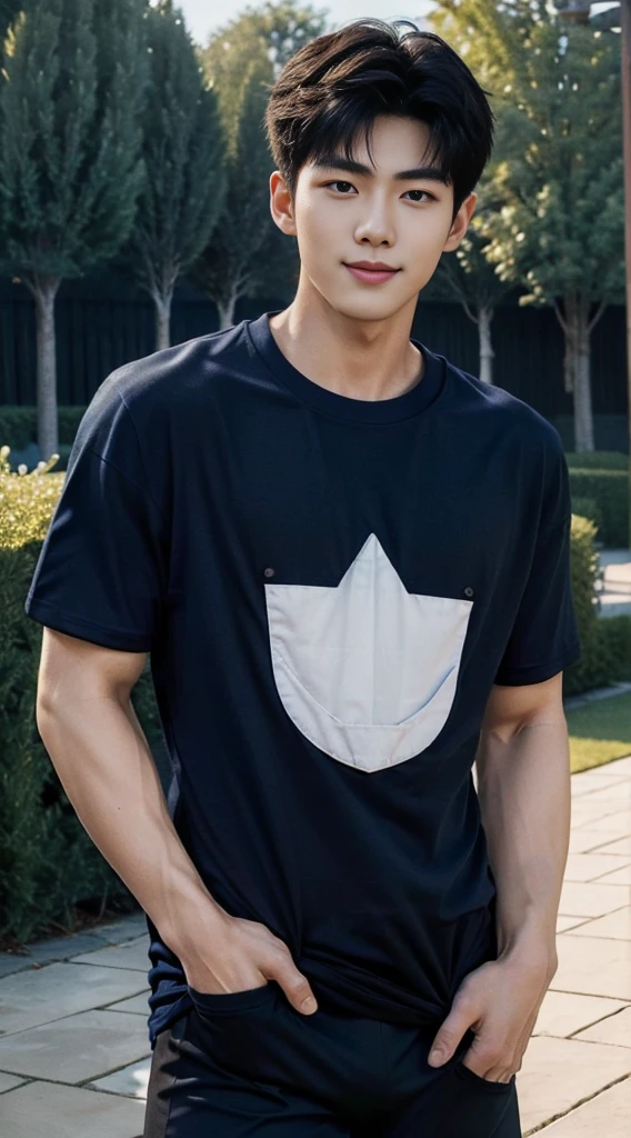 (As a matter of fact, Masterpiece, 8k HD, good light quality, sportswear, fit the face, complicated details), A handsome and muscular young Korean man., He has short, muscular hair in a buzzcut style. ,(Broad shoulders:1.3), 20 years old, be happy, smile brightly, detailed face, delicate eyes, มองดูsky, (Wear a navy tight T-shirt.:1.6), period, black eyes, Black hair color, ผมsmooth, smooth, outdoor sports, Along the garden, Sunny,sky,Surreal,Awesome details,Highest quality,real,(As a matter of fact, Masterpiece, 8k HD, good light quality, sportswear, fit the face, complicated details), A handsome and muscular young Korean man. มีกล้าม ,(Broad shoulders:1.3), 20 years old, be happy, smile brightly, detailed face, delicate eyes, มองดูsky, (Wear a navy tight T-shirt.:1.6), period, black eyes, Black hair color, ผมsmooth, smooth, outdoor sports, Along the garden, Sunny,sky,Surreal,Awesome details,Highest quality,real