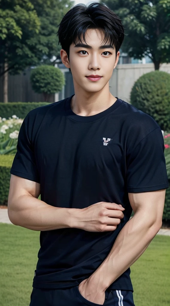 (As a matter of fact, Masterpiece, 8k HD, good light quality, sportswear, fit the face, complicated details), A handsome and muscular young Korean man., He has short, muscular hair in a buzzcut style. ,(Broad shoulders:1.3), 20 years old, be happy, smile brightly, detailed face, delicate eyes, มองดูsky, (Wear a navy tight T-shirt.:1.6), period, black eyes, Black hair color, ผมsmooth, smooth, outdoor sports, Along the garden, Sunny,sky,Surreal,Awesome details,Highest quality,real,(As a matter of fact, Masterpiece, 8k HD, good light quality, sportswear, fit the face, complicated details), A handsome and muscular young Korean man. มีกล้าม ,(Broad shoulders:1.3), 20 years old, be happy, smile brightly, detailed face, delicate eyes, มองดูsky, (Wear a navy tight T-shirt.:1.6), period, black eyes, Black hair color, ผมsmooth, smooth, outdoor sports, Along the garden, Sunny,sky,Surreal,Awesome details,Highest quality,real