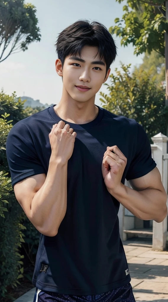 (As a matter of fact, Masterpiece, 8k HD, good light quality, sportswear, fit the face, complicated details), A handsome and muscular young Korean man., He has short, muscular hair in a buzzcut style. ,(Broad shoulders:1.3), 20 years old, be happy, smile brightly, detailed face, delicate eyes, มองดูsky, (Wear a navy tight T-shirt.:1.6), period, black eyes, Black hair color, ผมsmooth, smooth, outdoor sports, Along the garden, Sunny,sky,Surreal,Awesome details,Highest quality,real,(As a matter of fact, Masterpiece, 8k HD, good light quality, sportswear, fit the face, complicated details), A handsome and muscular young Korean man. มีกล้าม ,(Broad shoulders:1.3), 20 years old, be happy, smile brightly, detailed face, delicate eyes, มองดูsky, (Wear a navy tight T-shirt.:1.6), period, black eyes, Black hair color, ผมsmooth, smooth, outdoor sports, Along the garden, Sunny,sky,Surreal,Awesome details,Highest quality,real