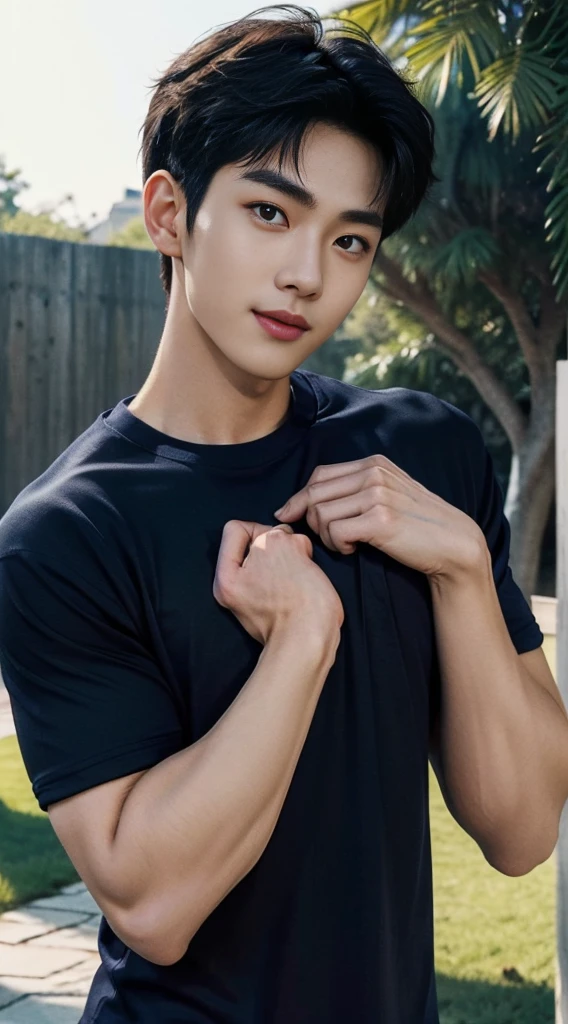 (As a matter of fact, Masterpiece, 8k HD, good light quality, sportswear, fit the face, complicated details), A handsome and muscular young Korean man., He has short, muscular hair in a buzzcut style. ,(Broad shoulders:1.3), 20 years old, be happy, smile brightly, detailed face, delicate eyes, มองดูsky, (Wear a navy tight T-shirt.:1.6), period, black eyes, Black hair color, ผมsmooth, smooth, outdoor sports, Along the garden, Sunny,sky,Surreal,Awesome details,Highest quality,real,(As a matter of fact, Masterpiece, 8k HD, good light quality, sportswear, fit the face, complicated details), A handsome and muscular young Korean man. มีกล้าม ,(Broad shoulders:1.3), 20 years old, be happy, smile brightly, detailed face, delicate eyes, มองดูsky, (Wear a navy tight T-shirt.:1.6), period, black eyes, Black hair color, ผมsmooth, smooth, outdoor sports, Along the garden, Sunny,sky,Surreal,Awesome details,Highest quality,real