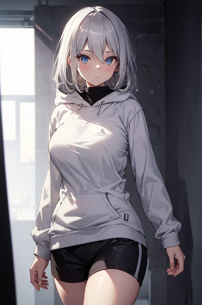 , Concept Art, white Background, simple Background, White hair, Silver gradient hair , Composite cloth, Virtual YouTuber, best quality, masterpiece, Dynamic Angle, , cowboy_shooting, Watching_Back, grab, girl,Miss,woman, young,20 years old, , Hair Flip, Silver Hair, Flowing hair, Ahog, giggle, Beautiful and delicate golden eyes, teeth, Large Breasts, Blonde eyes, White skin, hoodie, Black_shorts, Gray clothes, transparent_Background, Backlighting, absurd, high resolution, Extremely detailed,sweater,