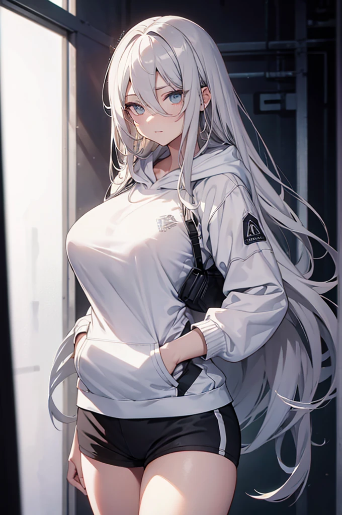 , Concept Art, white Background, simple Background, White hair, Silver gradient hair , Composite cloth, Virtual YouTuber, best quality, masterpiece, Dynamic Angle, , cowboy_shooting, Watching_Back, grab, girl,Miss,woman, young,20 years old, , Hair Flip, Silver Hair, Flowing hair, Ahog, giggle, Beautiful and delicate golden eyes, teeth, Large Breasts, Blonde eyes, White skin, hoodie, Black_shorts, Gray clothes, transparent_Background, Backlighting, absurd, high resolution, Extremely detailed,sweater,