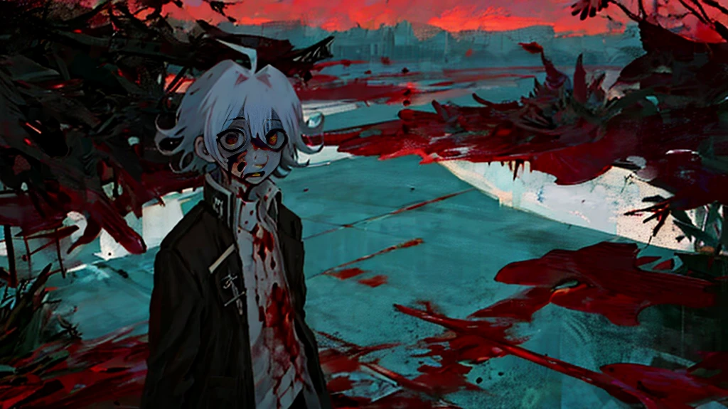 anime character with Blood dripping down his face and hands, gapmoe sick, gapmoe sick grimdark, sick, portrait gapmoe sick grimdark, danganronpa digital art, his eyes are, Bloody + concept art, Komaeda Nagito, guweiz, Kaneki Ken, [[Blood]]