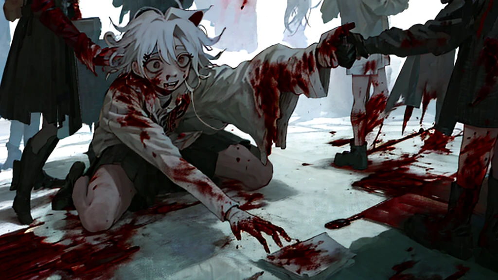 anime character with Blood dripping down his face and hands, gapmoe sick, gapmoe sick grimdark, sick, portrait gapmoe sick grimdark, danganronpa digital art, his eyes are, Bloody + concept art, Komaeda Nagito, guweiz, Kaneki Ken, [[Blood]]