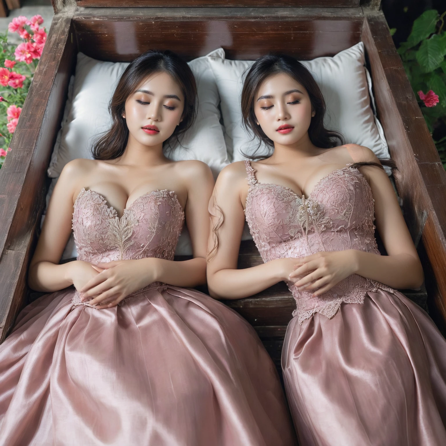 (black coffin:1.5), (pillows inside the coffin:1.5), (black background:1.5), 2 girls sleep in the box, (deep box:1.5), Best Quality, Masterpiece, Ultra High Resolution, Illustrate a beautiful girl close up dressed in kebaya, set against the backdrop of a Balinese temple. Ensure that the image is photorealistic and of top-quality 8K HDR, capturing every intricate detail of the scene.,kebaya,kebaya indonesia,p3rfect ,cleavage, round breast, beautiful eyebrows, beautiful breast, beautiful eyelashes, breast fixed, (eyebrows fixed), body fixed, (big boobs:1.5), (closed mouth), Korean face, 22 years old, (superb embriodery:1.6), (sexy cleavage:1.2), (clean face:1.5) , Saturated colors, More Detail, beautiful face, (closed eyes:1.5), (sleeveless:1.5), (legs straight:1.5), (absolute cleavage:1.5), (visible breast:1.5), (big skirt:1.5), (ball skirt:1.5)
