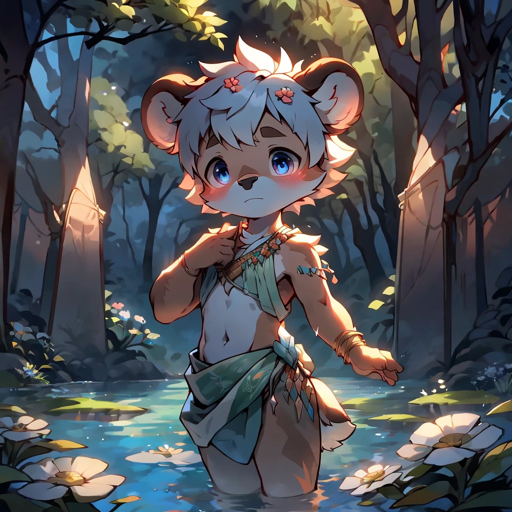 masterpiece,best quality,Gauss,Practical, 1 boy,Male focus,Solitary, (Delicate eyes and delicate face) , (Handsome face) , (Perfect anatomical structure) ,Thick eyebrows,Short hair details,Very fine details, 4K , 8K ,Light,Amazing Art,Beautiful scenery , (Deer bathing in a clear mountain spring) , (blue、Sexy in gold or red) ,moisture,The Tree,Rios,Short hair details,view,Colorful Light,Very shy,Right hand,Beautiful flowers and green leaves,antlers,Deer Boy,Toddlers,byPino Deheni, dance, Milk Tiger 1145, dagger, Yes,